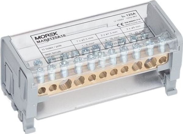 MOREK distributions-/fördelningsblock MOBLOCK 2-poligt 1000V, 125A-11 2x35mm2 + 2x25mm2 + 7x6mm2 TS35 MAB2125A18