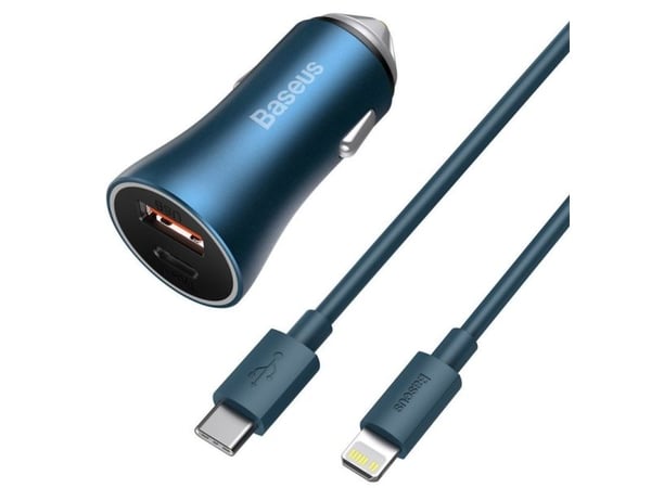 Baseus Golden Contactor Pro autolaturi, USB + USB-C, QC4.0+, PD, SCP, 40W (sininen) + USB-C Lightning-kaapeli 1m (sininen) Baseus Golden Contactor Pro autolaturi, USB + USB-C, QC4.0+, PD, SCP, 40W (sininen) + USB-C Lightning-kaapeli 1m (sininen)