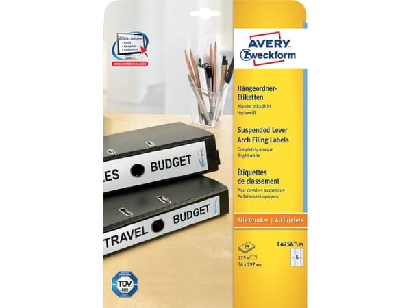 Avery - Mapperyggetikett - for A4 (210 x 297 mm) - hvit (en pakke 125)