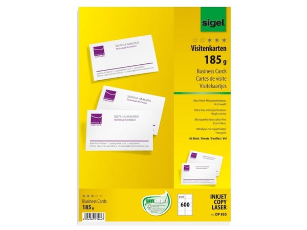 Sigel - Mikroperforert - sterkt hvitt - 85 x 55 mm - 185 g/m² - 600 kort (60 ark x 10) visittkort