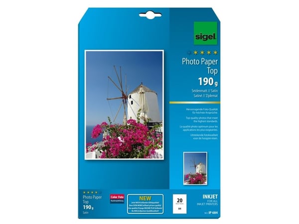 Sigel InkJet Top Photo Paper IP684 - Seidig - høy hvit - A4 (210 x 297 mm) - 190 g/m² - 20 Blatt fotopapir