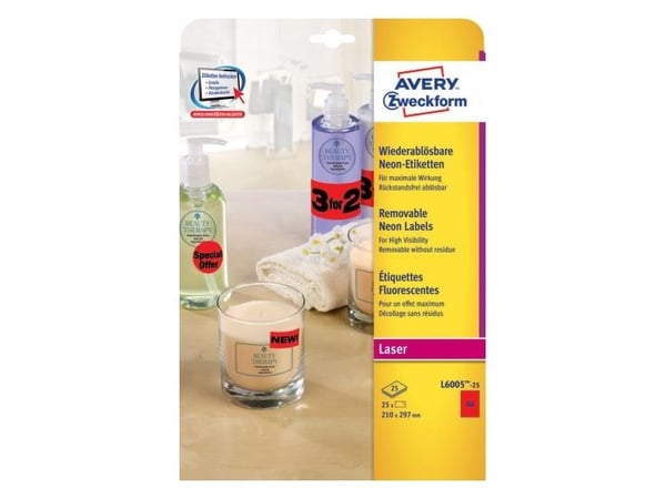 Avery Zweckform L6005 - Permanet adhesiv - selvlysende rød - A4 (210 x 297 mm) 25 etikett(er) 1 merkelapper