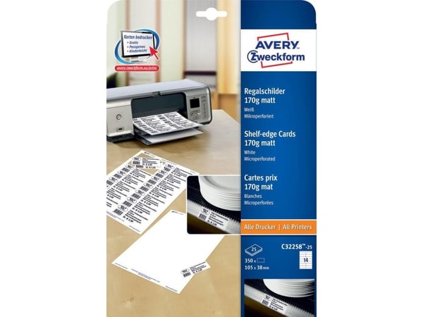 Avery Zweckform C32258-25 - Matt - perforerad - matt vit - 105 x 38 mm - 170 g/m² - 350 kort (25 ark x 14) kort