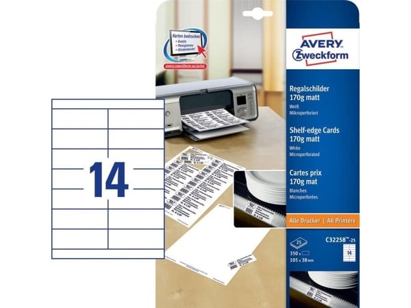 Avery Zweckform C32258-25 - Matt - perforerad - matt vit - 105 x 38 mm - 170 g/m² - 350 kort (25 ark x 14) kort