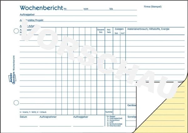 Avery Zweckform - Ukerapport - 40 ark - A5 (148 x 210 mm) - landskap - dublett - karbonfri