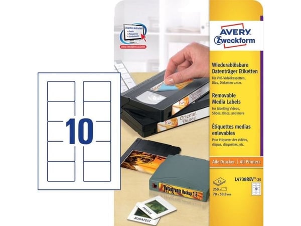 Avery Diskette Labels - Hvit - 70 x 50.8 mm 250 etikett(er) (25 ark x 10) diskettetiketter