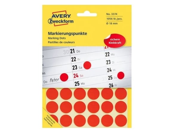Avery 3374, Punainen, Pyöreä, Kiinteä, Paperi, 1,8 cm, 1056 kpl