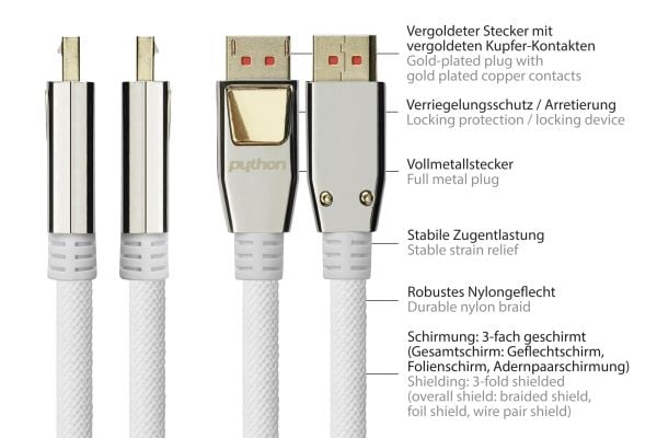Alcasa PYTHON, 10 m, DisplayPort, DisplayPort, Hanstik, Hanstik, Hanstik, 7680 x 4320 pikseliä