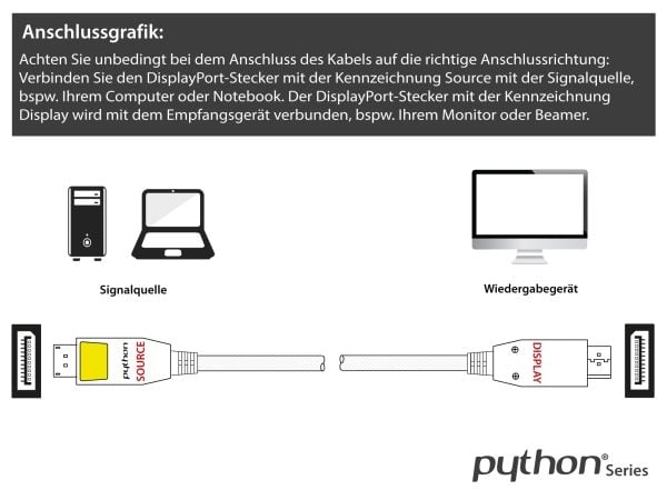 Alcasa PYTHON, 10 m, DisplayPort, DisplayPort, Hanstik, Hanstik, Hanstik, 7680 x 4320 pikseliä