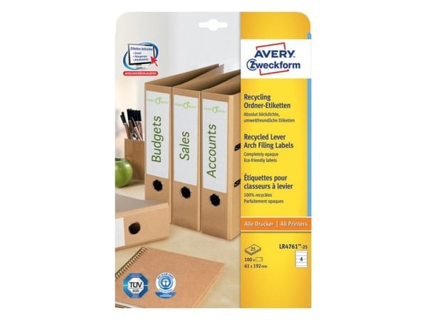 Avery LR4761 - Hvit - 61 x 192 mm 100 etikett(er) (25 ark x 4 filmappeetiketter