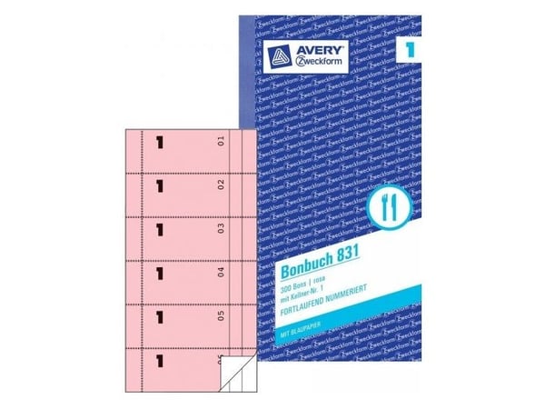 AVERY Zweckform lomakekirja "Bonbuch", 105 x 198 mm, vaaleanpunainen 2 x 50 arkkia, 1. ja 2. arkki painettu, 300 kuittia, joissa tarjoilija nro 1-6...