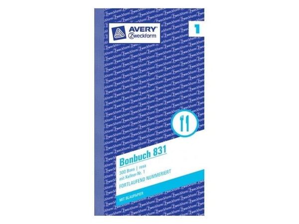 AVERY Zweckform lomakekirja "Bonbuch", 105 x 198 mm, vaaleanpunainen 2 x 50 arkkia, 1. ja 2. arkki painettu, 300 kuittia, joissa tarjoilija nro 1-6...