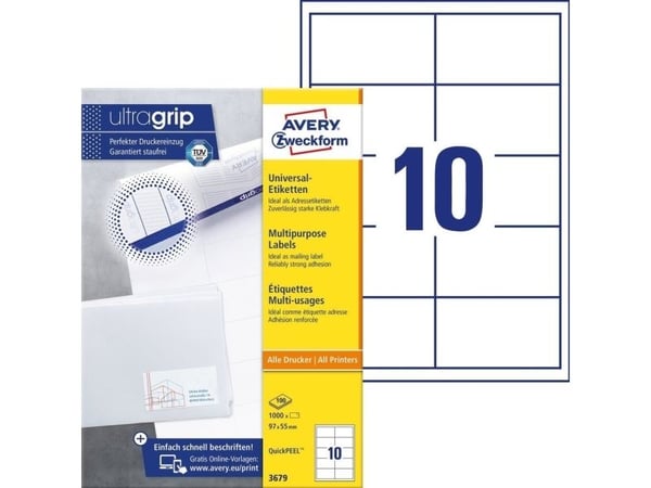 Avery Zweckform QuickPEEL - Hvit - 97 x 55 mm 1000 etikett(er) (100 ark x 10) flerbruks merkelapper