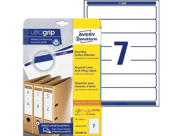 Avery Zweckform LR4760 - Hvit - 38 x 192 mm 175 etikett(er) (25 ark x 7 filmappeetiketter