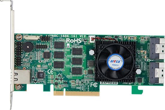 Areca ARC-1886-16I, PCI Express 4.0, SAS, SATA, PCI Express x8, 0,1,3,5,6,10,30,50,60, JBOD, 12 Gbit/sek, 8000 MB, DDR4