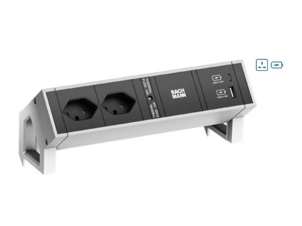 DESK2 2xUK 1xUSB A&amp;C 22W 0.2m GST18 INOX Pöytä 2, 2 AC