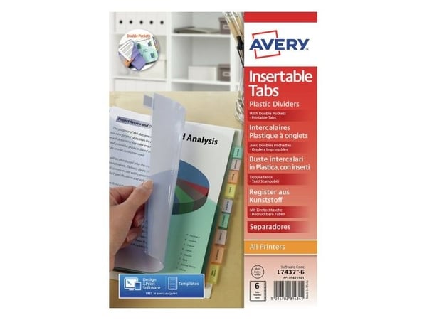 AVERY kaksinkertainen jakajat, 6 rekisterit, polypropeeni läpinäkyvä, mitat: A4+, rekisterit valikoituja värejä (05621501)