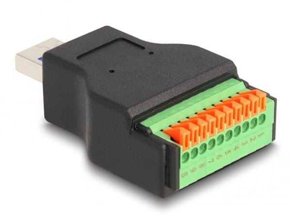 Delock - USB-adapter - USB-type A (hann) til 10-pins terminalblokk - USB 3.2 Gen 1 - trykknapp, 2,54 mm stigning - svart/grønn