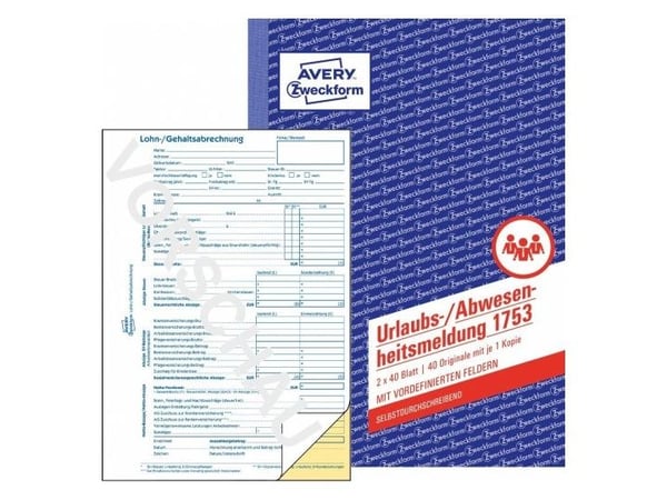 Avery Zweckform - Ferie/fraværs-rapportskjema - 40 ark - A5 (148 x 210 mm) - dublett - karbonfri