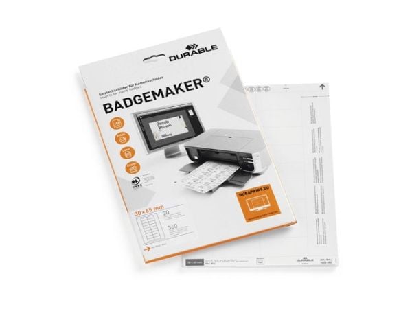 Durable BADGEMAKER, Valkoinen, A4, 20 arkkia, 6,5 cm, 3 cm, 360 kpl
