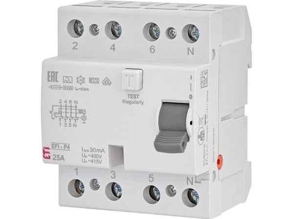 Vikavirtarele ETI EFI-P4 A 10kA, 4P, 25 A, 415V, 30 mA