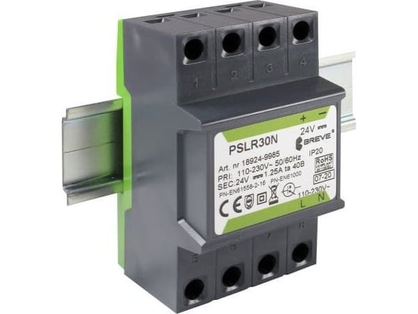 BREVE Kytkentätoiminen virtalähde PSLR 30 230VAC/24VDC 1,25A / TH-kiskolla/ 18924-9985