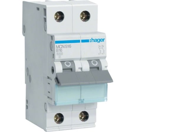 Hager MCN516, 50 - 60 Hz, 16 A, 2P, 35 mm, 70 mm, 83 mm