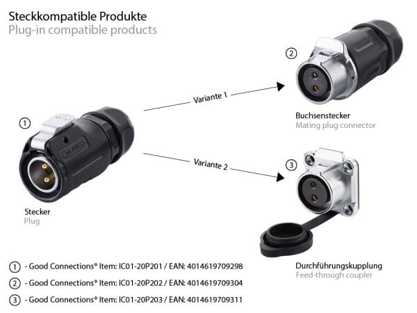 Alcasa IC01-20P203, S1 - Power (2-pin), Rett, Metall, Plast, Gull, Kobberlegering, IP65, IP67