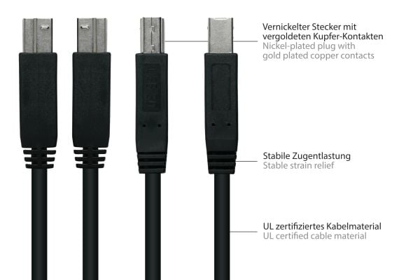 Alcasa UK30P-AB-010S, 1 m, USB A, USB B, USB 3.2 Gen 1 (3.1 Gen 1), 5 Gbit/sek., Sort