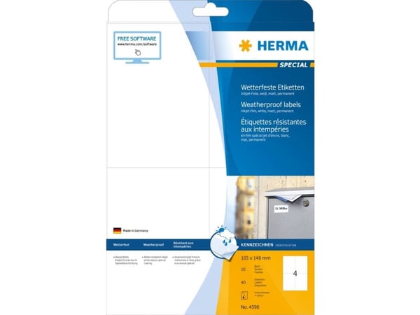 HERMA 4598, Hvit, Rektangel, Permanent, 105 x 148, A4, Papir