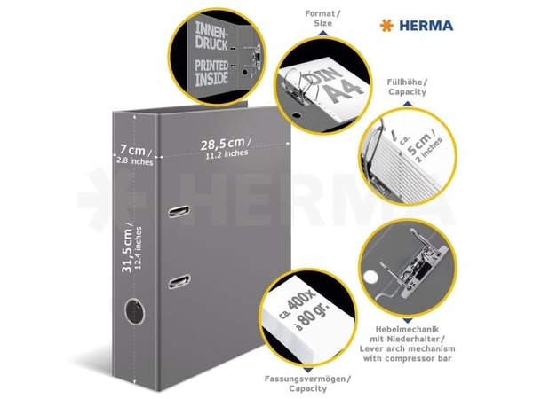 HERMA 7016, A4, D-ring, Oppbevaring, Fotoark kartong, Svart, Grå, 7 cm