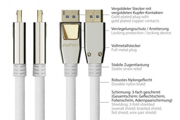 Python DP20-PY020W, 2 m, DisplayPort, DisplayPort, Hankoppling, Hankoppling, 7680 x 4320 pixlar
