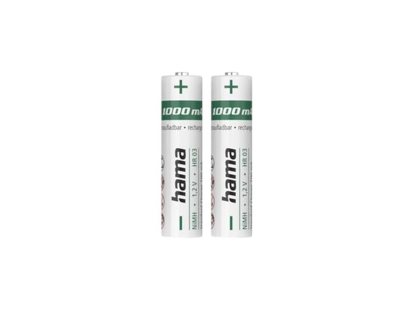 Hama 00223524, Oppladbart batteri, AAA, Nikkelmetallhydrid (NiMH), 1,2 V, 2 stykker, 1000 mAh