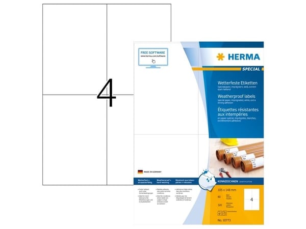 HERMA 10773, Hvit, Selvklebende skriveretikett, Utstanset etikett, Papir, Laser, Permanent