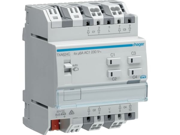 Hager TXA624C, Persienne-aktuator, Montert med DIN-skinner, 4 kanaler, IP20, Hvit, 230 V