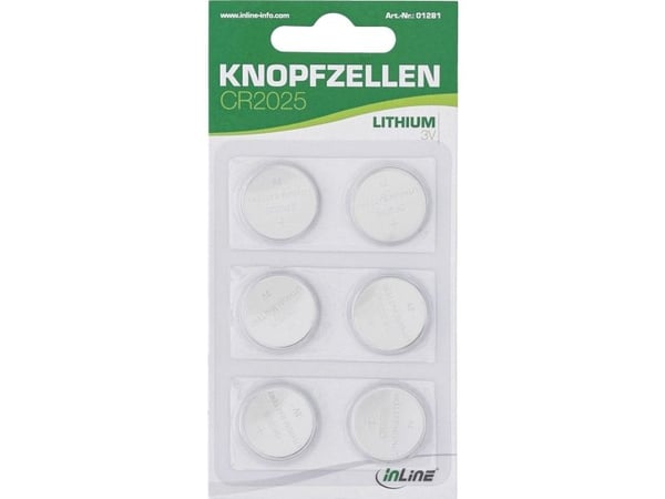 InLine 01281, Engångsbatteri, CR2025, Litium, 3 V, 6 styck, 150 mAh