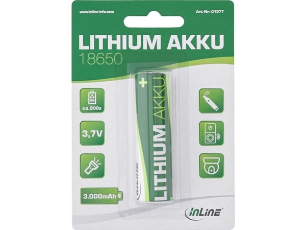 InLine 01277, Oppladbart batteri, Lithium-Ion (Li-Ion), 3,7 V, 1 stykker, 3000 mAh, Grønn