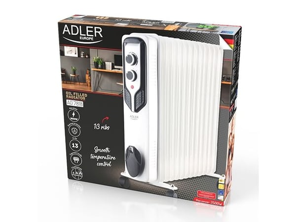Adler AD 7818, Olje-elektrisk romvarmer, Olje, Olje, 1,48 m, Innendørs, Gulv