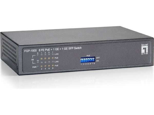 LevelOne FGP-1000W90 - Switch - 8 x 10/100 (PoE) + 1 x 10/100/1000 + 1 x 100/1000 SFP - stasjonær, veggmonterbar - PoE (82 W)