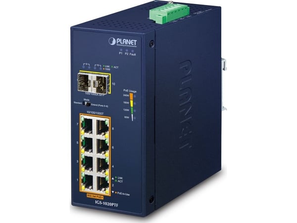 PLANET IGS-1020PTF - Switch - ikke-styrt - 8 x 10/100/1000 (PoE+) + 2 x Gigabit SFP - DIN-skinnemonterbar, veggmonterbar - PoE+ (240 W) - DC-strøm