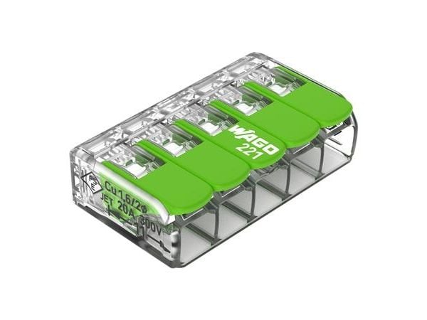 Wago 221 vihreä 5-suuntainen hitsauspuristin, poikkileikkaus 0,2-4mm2, 32A, 450V, käyttökahvalla, läpinäkyvä - (25 kpl)