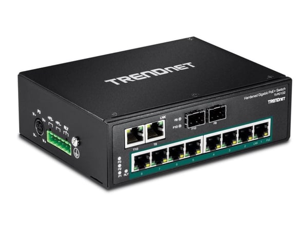 TRENDnet TI-PG102 - Switch - ikke-styrt - 8 x 10/100/1000 (PoE+) + 2 x kombo-Gigabit SFP - DIN-skinnemonterbar, veggmonterbar - PoE+ (240 W) - DC-s...