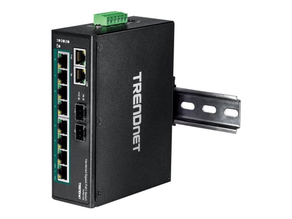 TRENDnet TI-PG102 - Switch - ikke-styrt - 8 x 10/100/1000 (PoE+) + 2 x kombo-Gigabit SFP - DIN-skinnemonterbar, veggmonterbar - PoE+ (240 W) - DC-s...