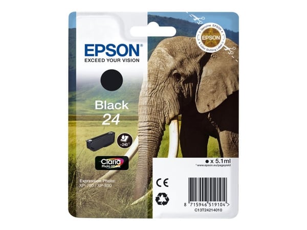 Epson Elephant Singlepack Black 24 Claria Photo HD Ink, musta, Väriainepohjainen muste, 1 kpl