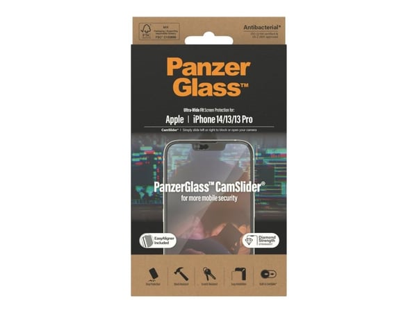 PanzerGlass CamSlider - Skjermbeskyttelse for mobiltelefon - omslagskompatibel - glass - rammefarge svart - for Apple iPhone 13, 13 Pro, 14