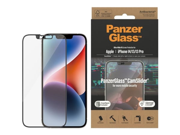 PanzerGlass CamSlider - Skjermbeskyttelse for mobiltelefon - omslagskompatibel - glass - rammefarge svart - for Apple iPhone 13, 13 Pro, 14