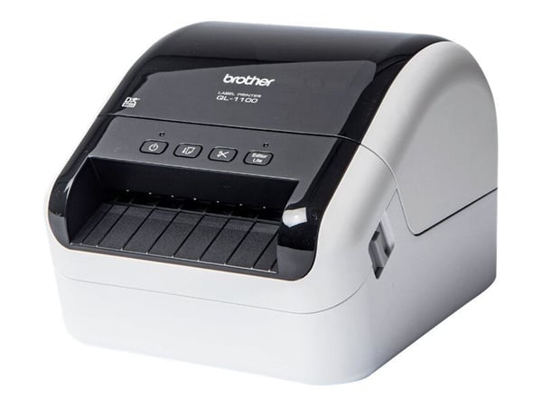 Brother QL-1100c - Etikettskriver - direktetermisk - Rull (10,36 cm) - 300 x 300 dpi - inntil 110 mm/sek - USB 2.0 - kutter - skinnende svart, hvit