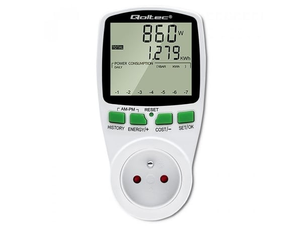 Qoltec Wattmeter PM0627 energiankulutusmittari mittaushistorialla| 3680W | 16A | LCD-näytön näyttö
