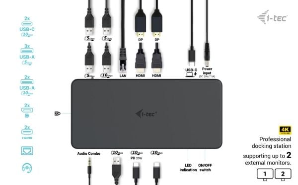 i-Tec - Dokkingstasjon - for bærbar, bærbar - USB-C / Thunderbolt 3 / USB 3.0 - 2 x DP, 2 x HDMI - 1GbE - 100 watt - Europa
