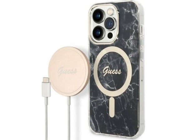 Guess GUBPP14LHMEACSK fodral + laddare iPhone 14 Pro 6,1" svart/svart hårt skal Marble MagSafe